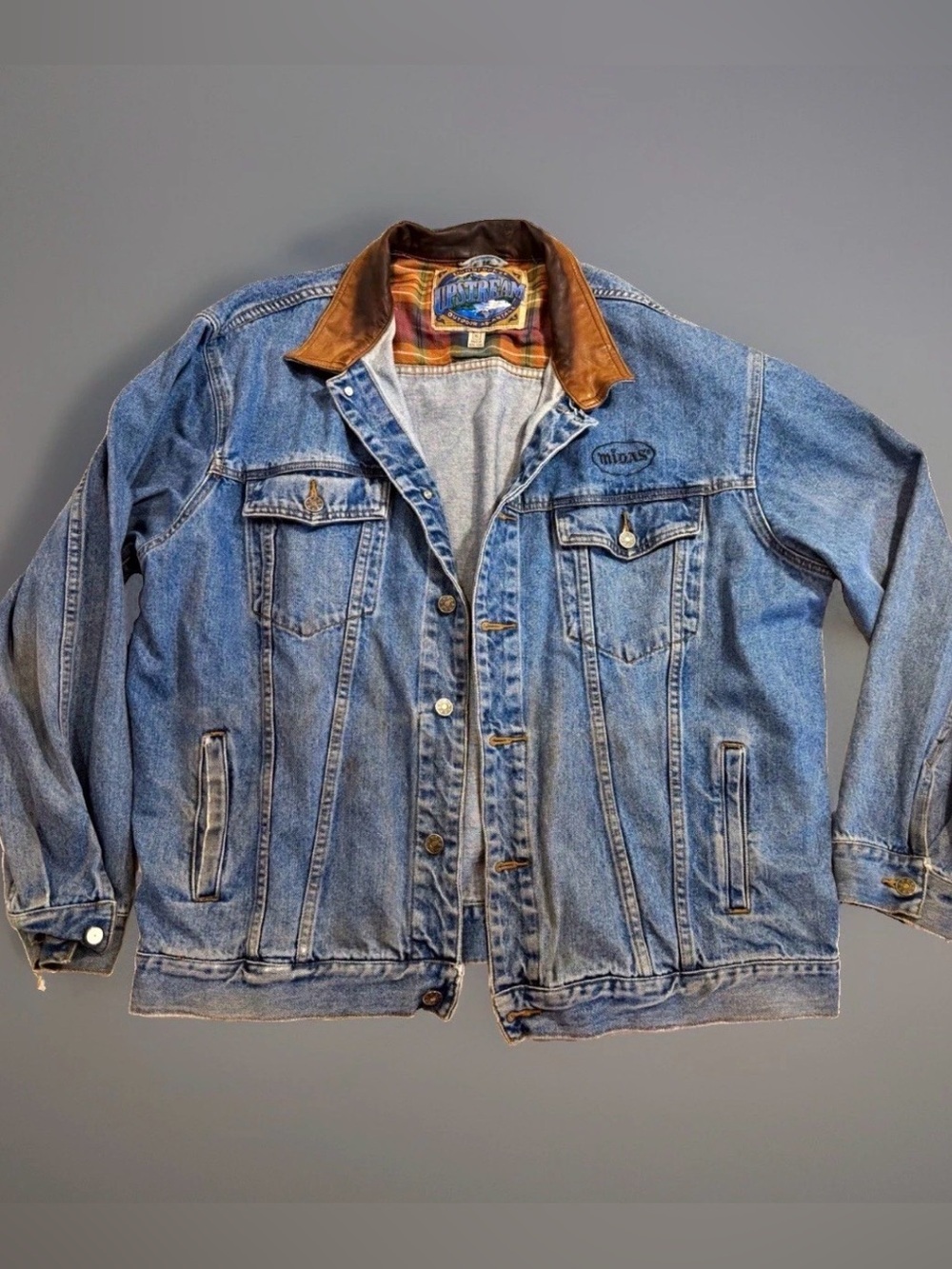 Vintage Dunbrooke Upstream Leather Collar Denim Jacket Mens XL Plaid Lined Midas